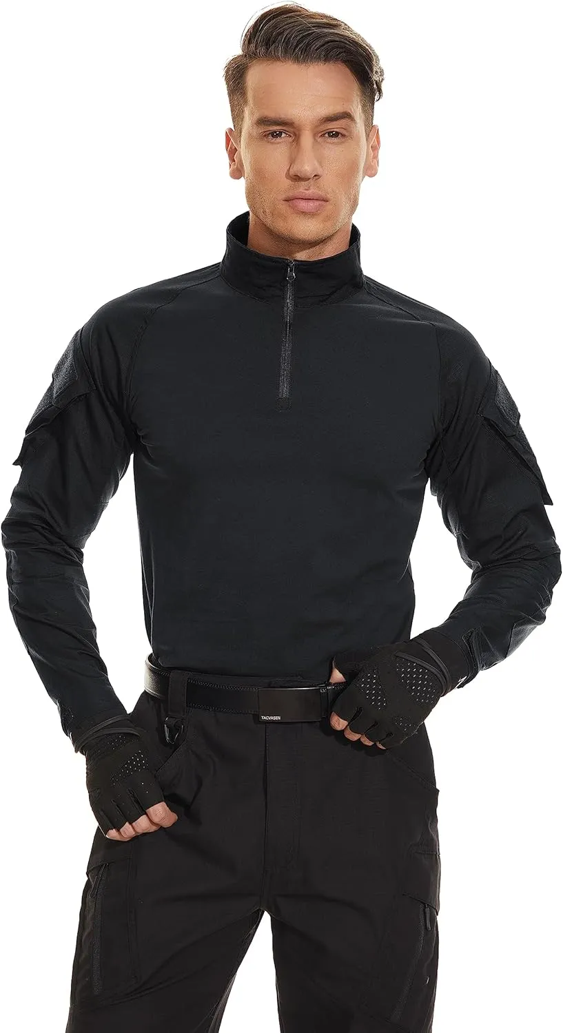TACVASEN Men's Tactical Shirt Long Sleeve Combat Shirt 1/4 Zip with Pockets Military Army Paintball Airsoft Breathable