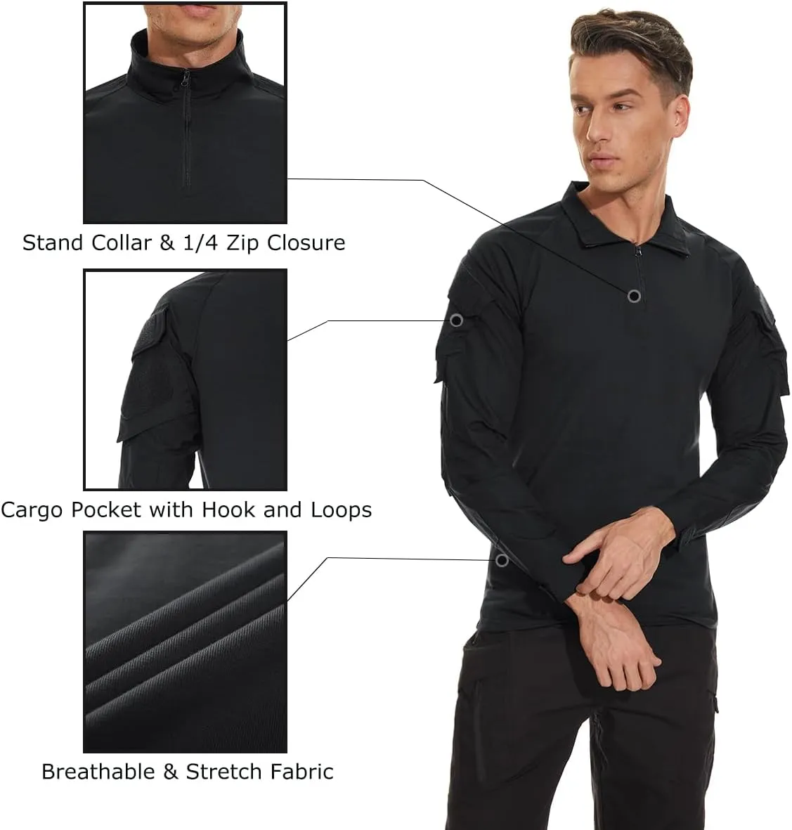 TACVASEN Men's Tactical Shirt Long Sleeve Combat Shirt 1/4 Zip with Pockets Military Army Paintball Airsoft Breathable