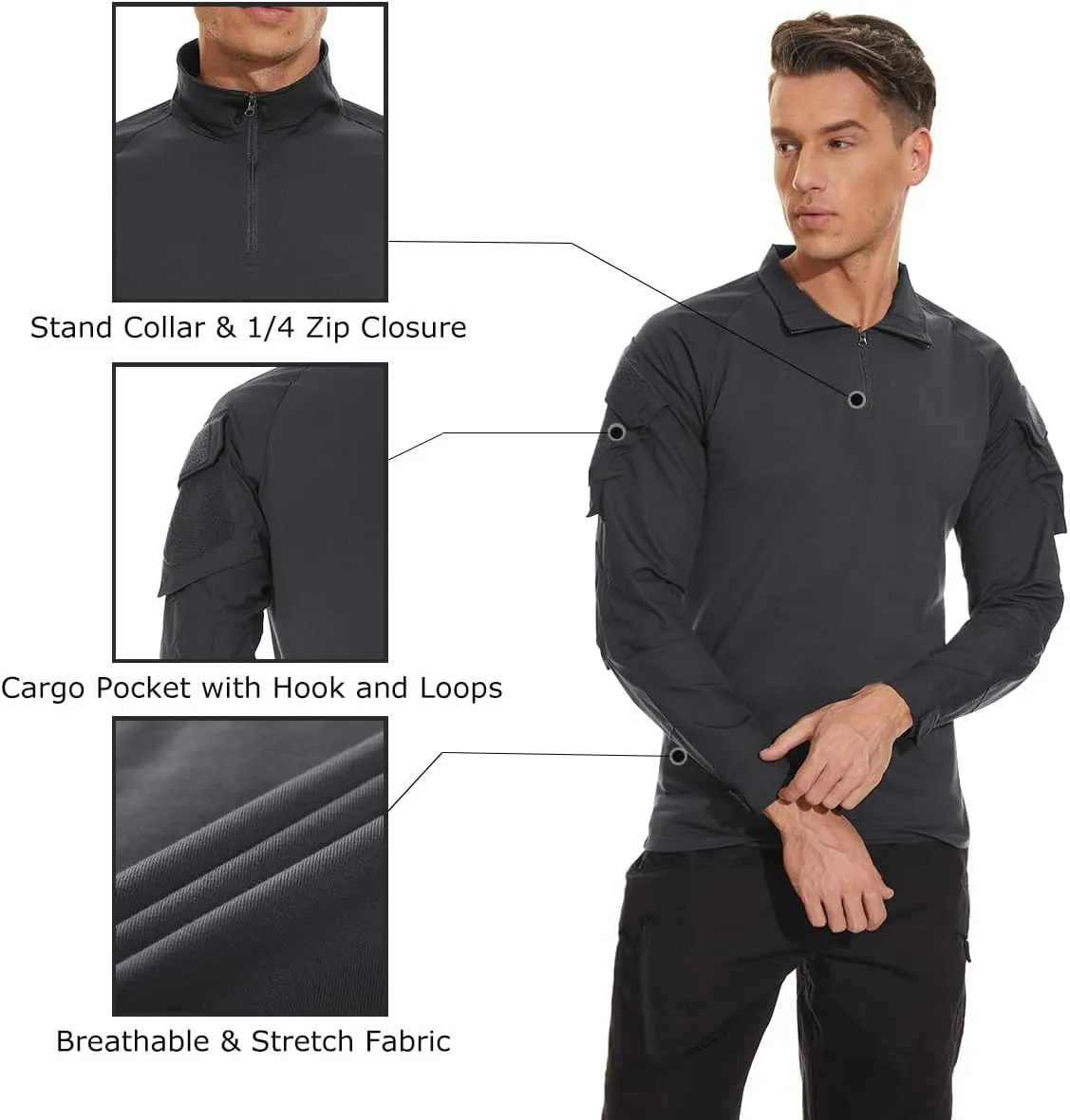 TACVASEN Men's Tactical Shirt Long Sleeve Combat Shirt 1/4 Zip with Pockets Military Army Paintball Airsoft Breathable