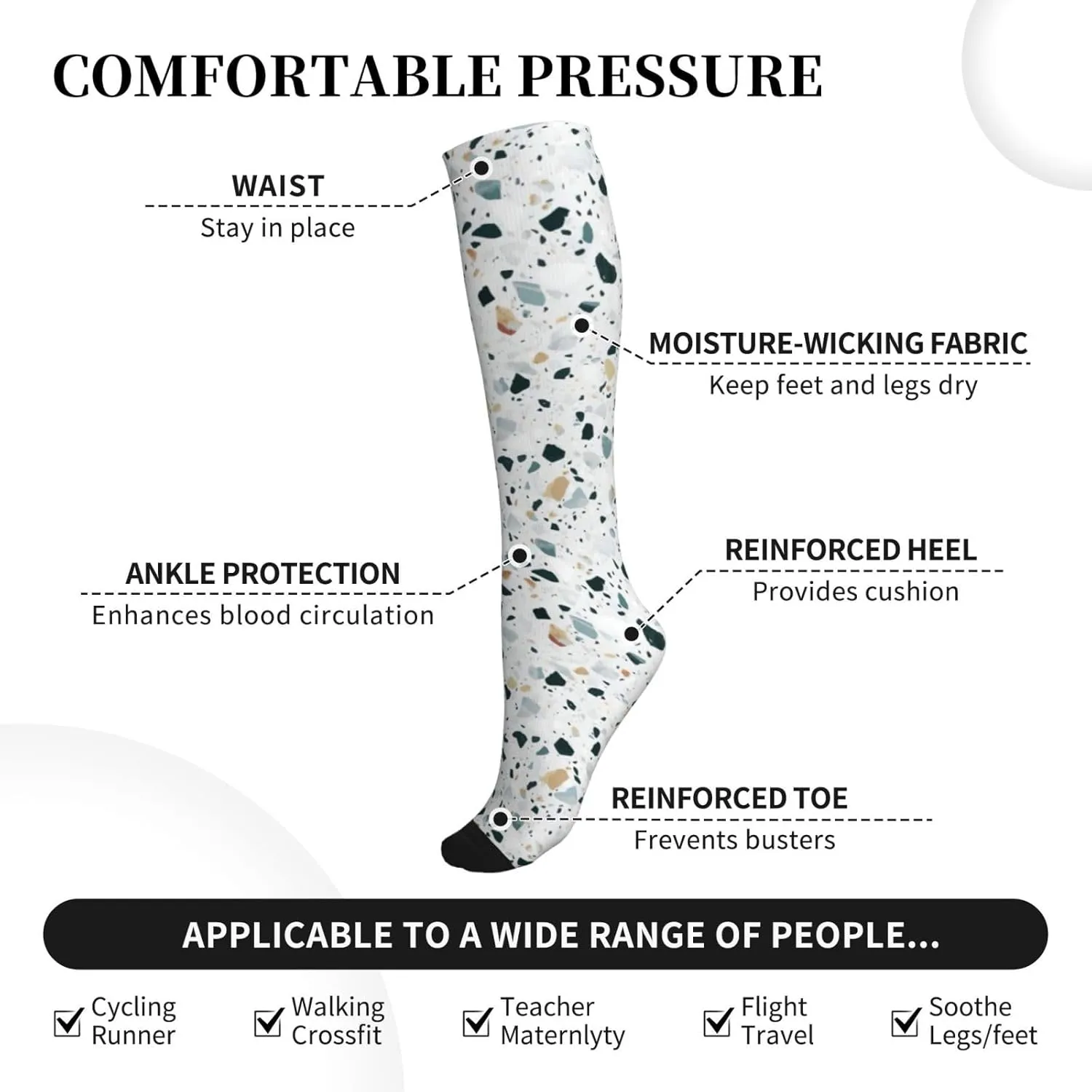 Terrazzo Marble Pastel Print Circulation Compression Socks For Plantar Fasciitis Edema And Post Surgery