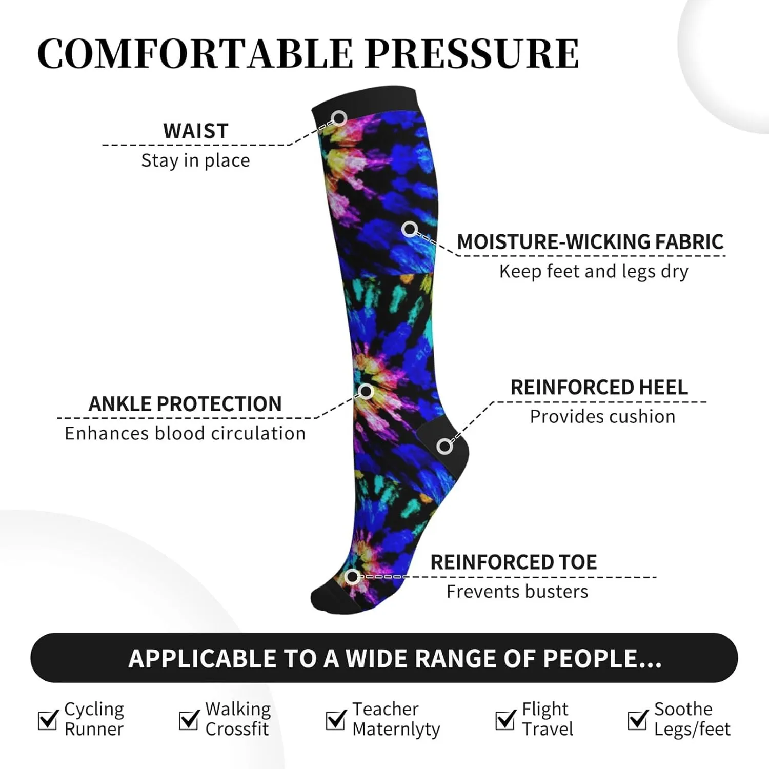 Tie Dye Print Circulation Compression Socks For Plantar Fasciitis Edema And Post Surgery