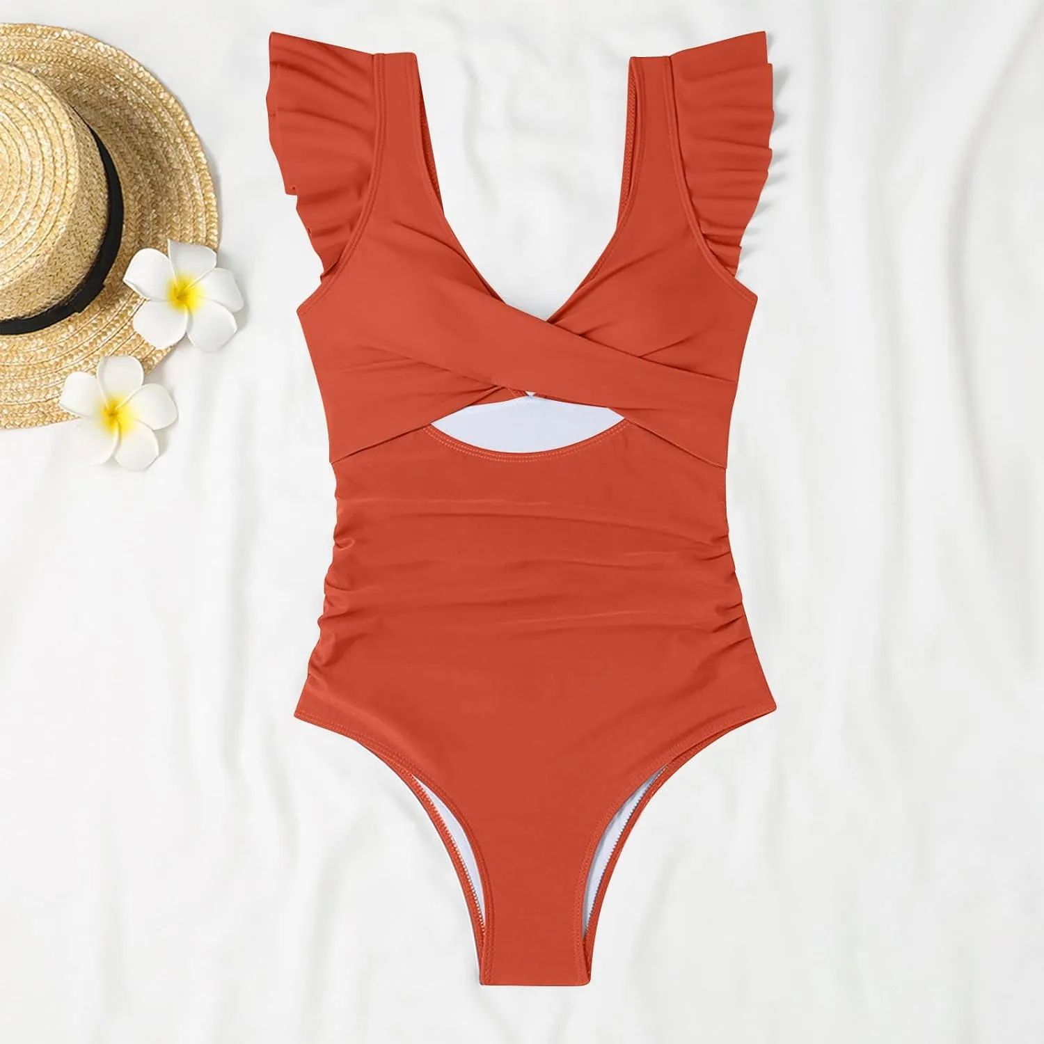 Uillui Women's Ruffle One Piece Swimsuit Front Twist V Neck Tummy Control Bathing Suits High Cut Cutout Backless Swimwear