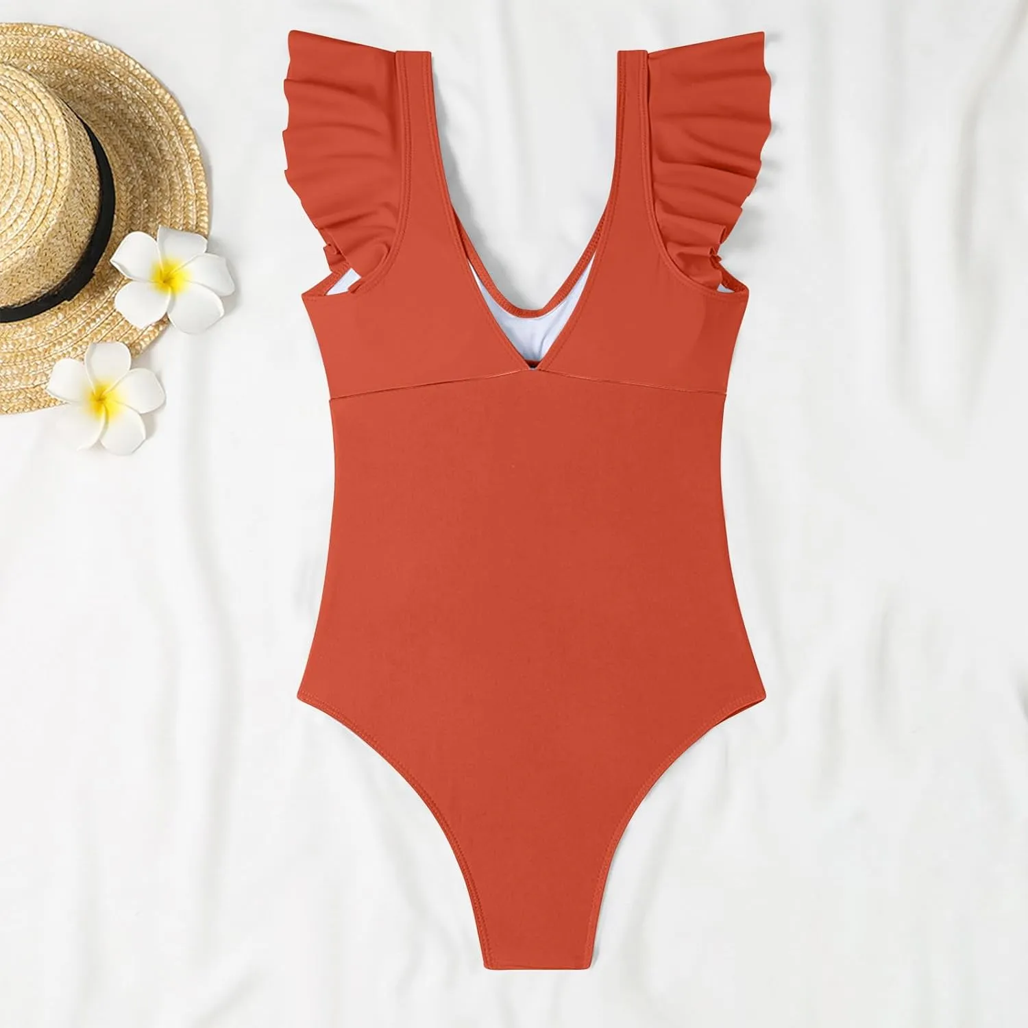 Uillui Women's Ruffle One Piece Swimsuit Front Twist V Neck Tummy Control Bathing Suits High Cut Cutout Backless Swimwear
