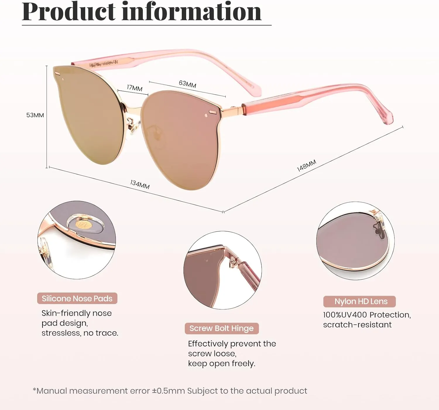 Veda Tinda Vision Round Sunglasses for Women 70s Trendy Retro Oversized Womens Circle Shades UV Protection with Glasses Chain
