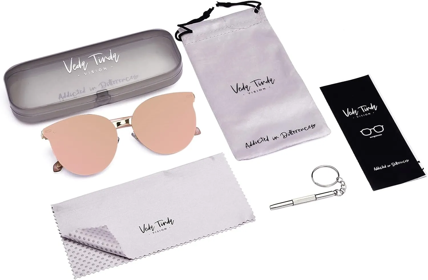 Veda Tinda Vision Round Sunglasses for Women 70s Trendy Retro Oversized Womens Circle Shades UV Protection with Glasses Chain