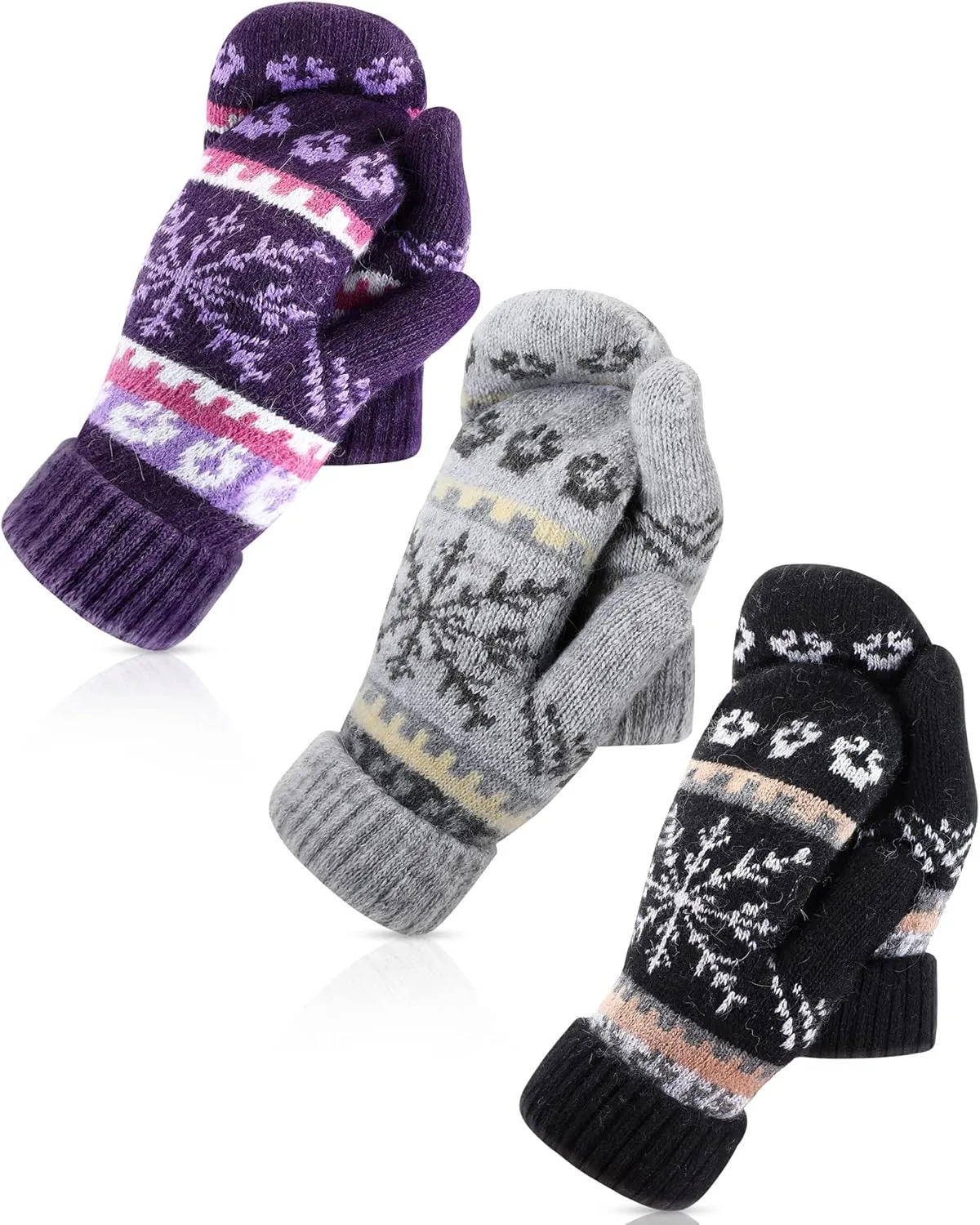 Vicenpal 3 Pairs Women's Winter Gloves Warm Lining Mittens Knit Thick Wool Gloves Knit Mittens for Winter Cold Weather