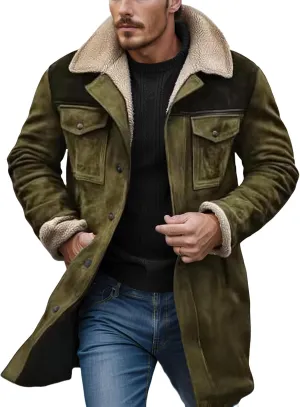 Vintage Suede Jacket for Men Sherpa Lined Fleece Faux Leather Jackets Plush Reversed Collar Motorcycle Retro Coats