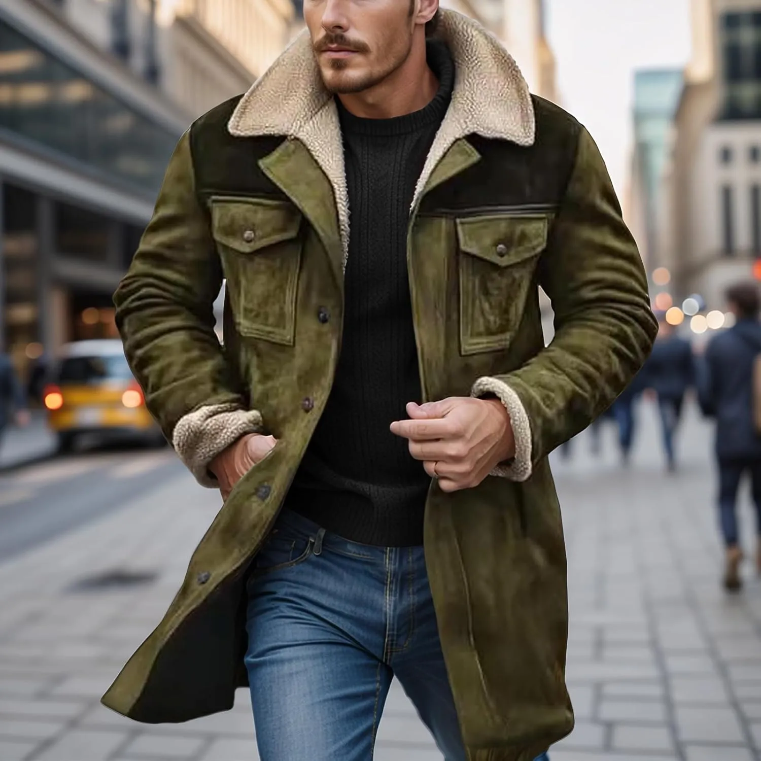 Vintage Suede Jacket for Men Sherpa Lined Fleece Faux Leather Jackets Plush Reversed Collar Motorcycle Retro Coats