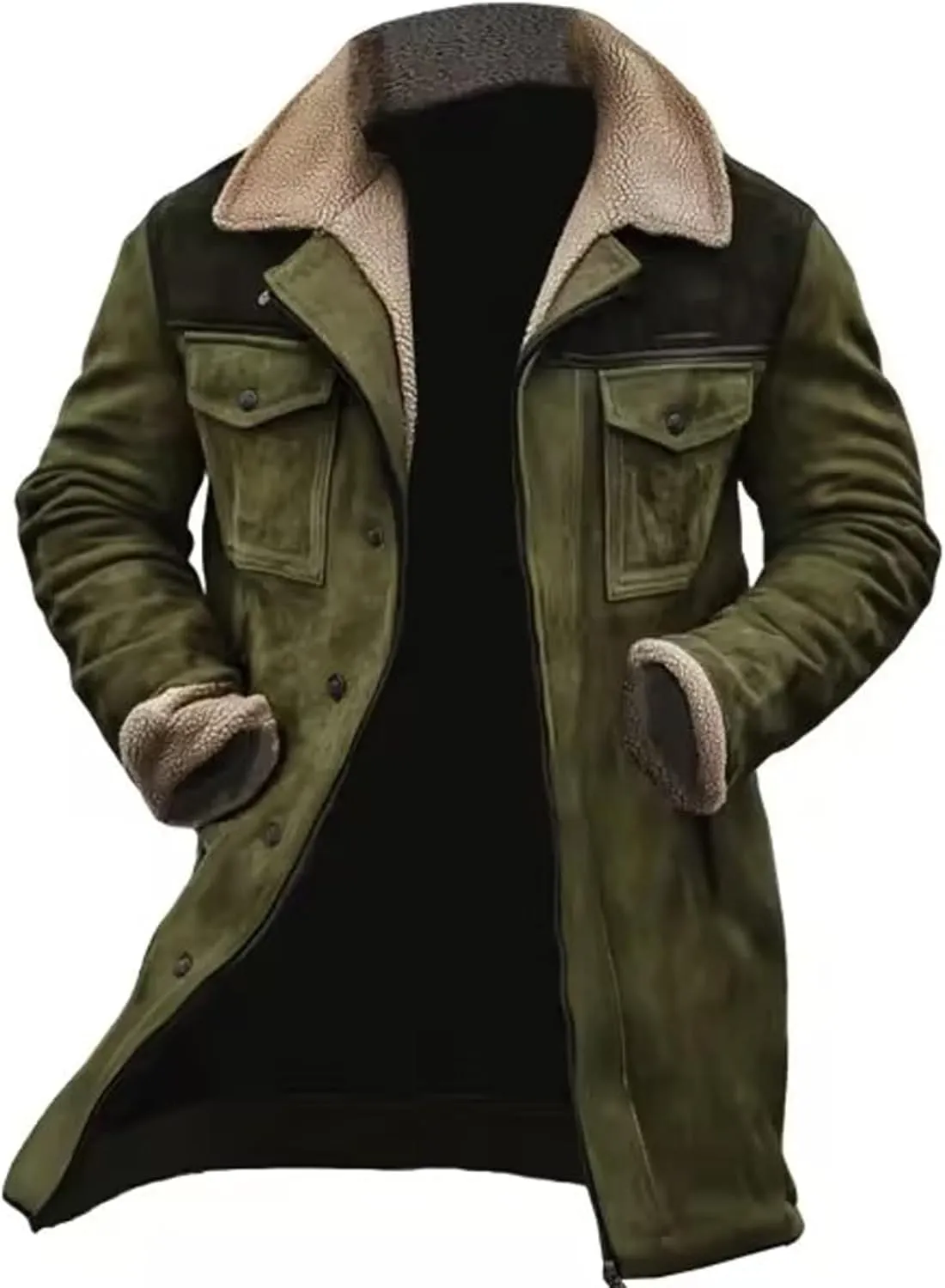 Vintage Suede Jacket for Men Sherpa Lined Fleece Faux Leather Jackets Plush Reversed Collar Motorcycle Retro Coats