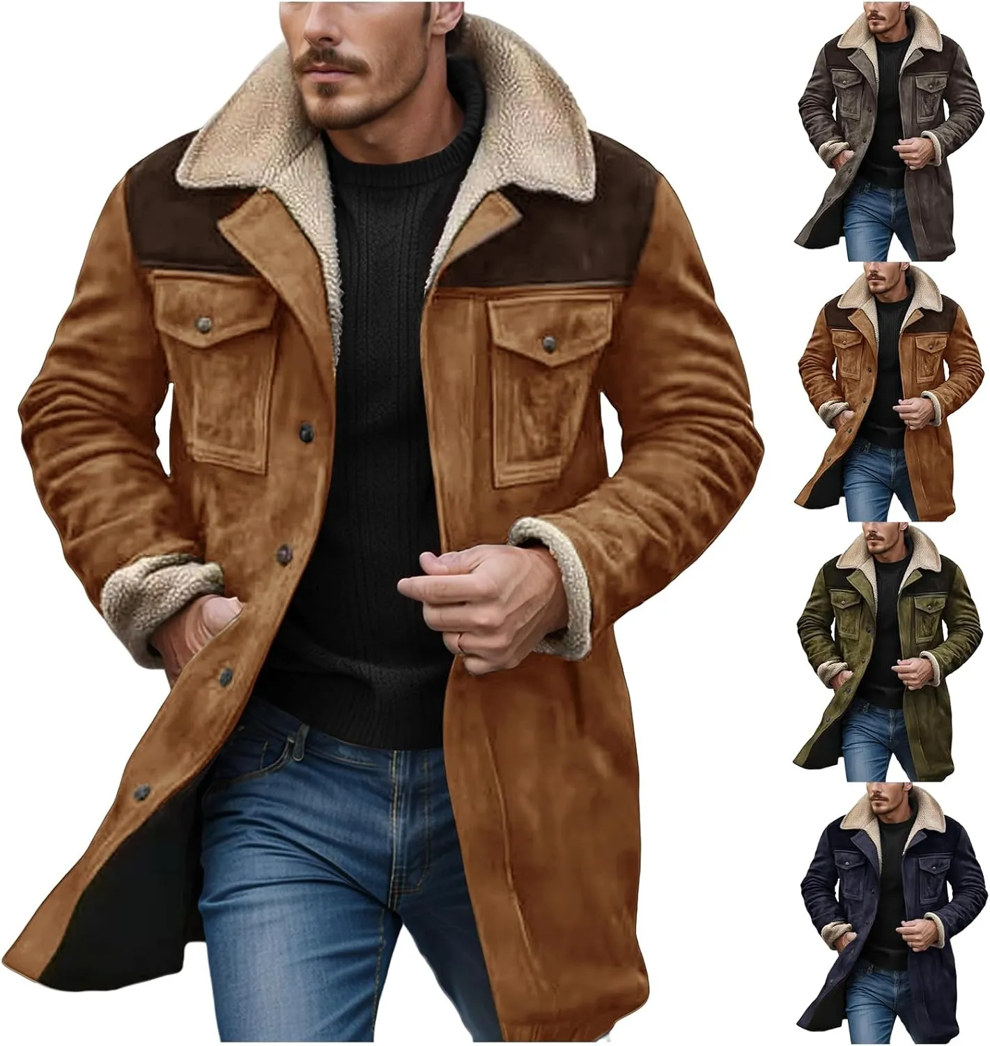 Vintage Suede Jacket for Men Sherpa Lined Fleece Faux Leather Jackets Plush Reversed Collar Motorcycle Retro Coats