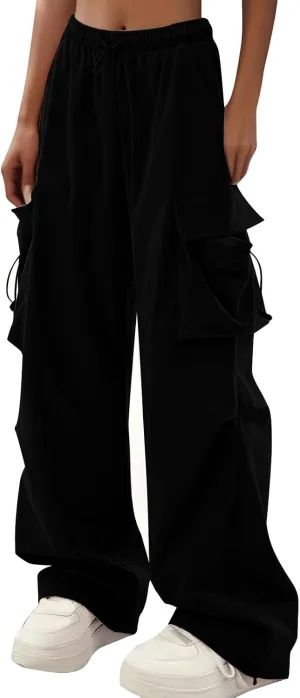 Wide Leg Parachute Pants for Women Elastic Waistline Drawstring Cargo Pants Fall Tredny Casaul Y2K Streetwear Pants