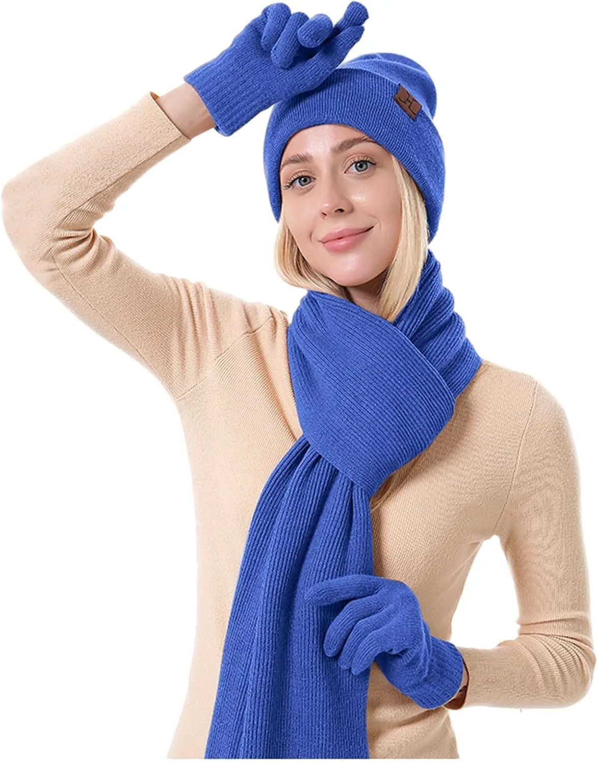 Winter Beanie Hat Scarf Touchscreen Gloves Sets Skull Cap Knit Fleece Neck Warmer Touch Screen Mittens for Women Men