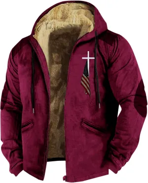 Winter Jacket Men 3D Printed Flag Hooded Brown Zipper Personalized Patch Casual Cotton Jacket Padded Thicken Parka