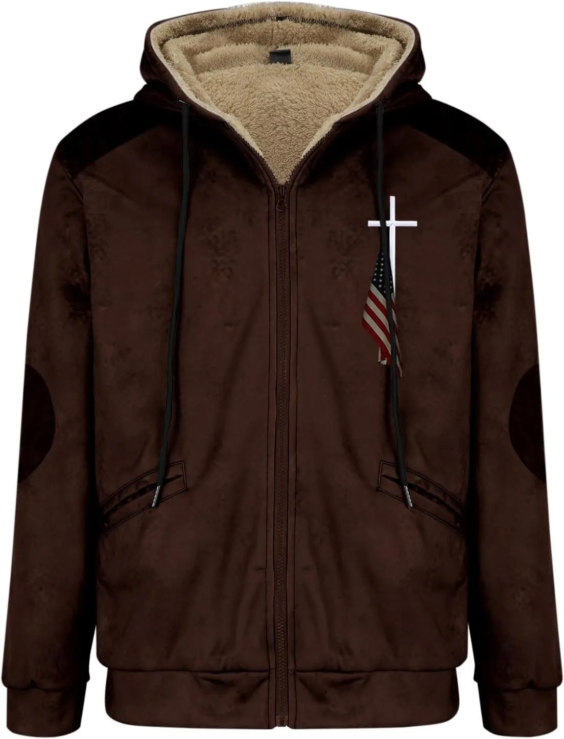 Winter Jacket Men 3D Printed Flag Hooded Brown Zipper Personalized Patch Casual Cotton Jacket Padded Thicken Parka