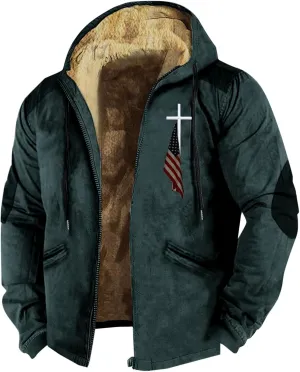 Winter Jacket Men 3D Printed Flag Hooded Brown Zipper Personalized Patch Casual Cotton Jacket Padded Thicken Parka