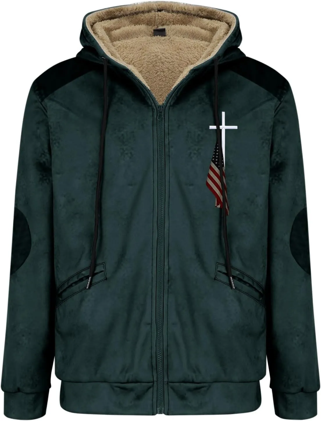 Winter Jacket Men 3D Printed Flag Hooded Brown Zipper Personalized Patch Casual Cotton Jacket Padded Thicken Parka