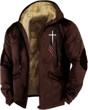 Winter Jacket Men 3D Printed Flag Hooded Brown Zipper Personalized Patch Casual Cotton Jacket Padded Thicken Parka