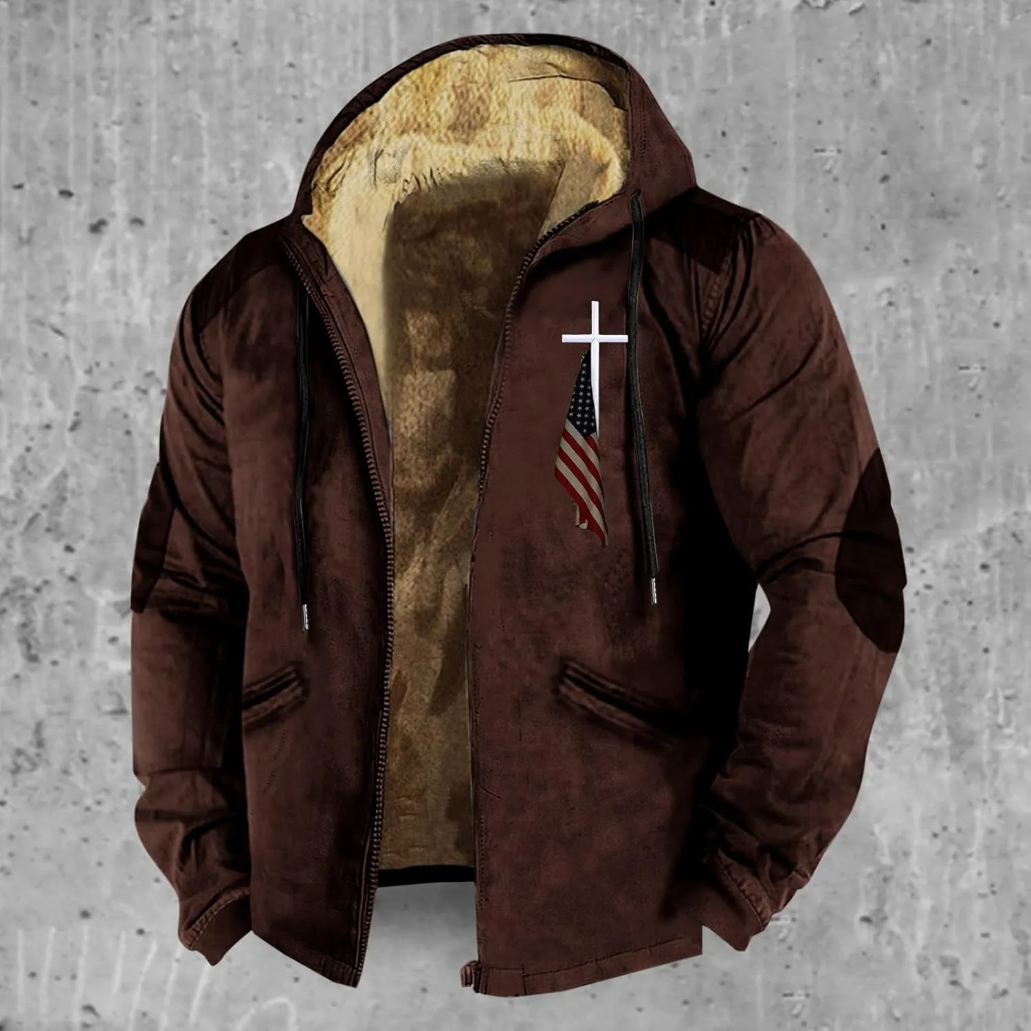 Winter Jacket Men 3D Printed Flag Hooded Brown Zipper Personalized Patch Casual Cotton Jacket Padded Thicken Parka