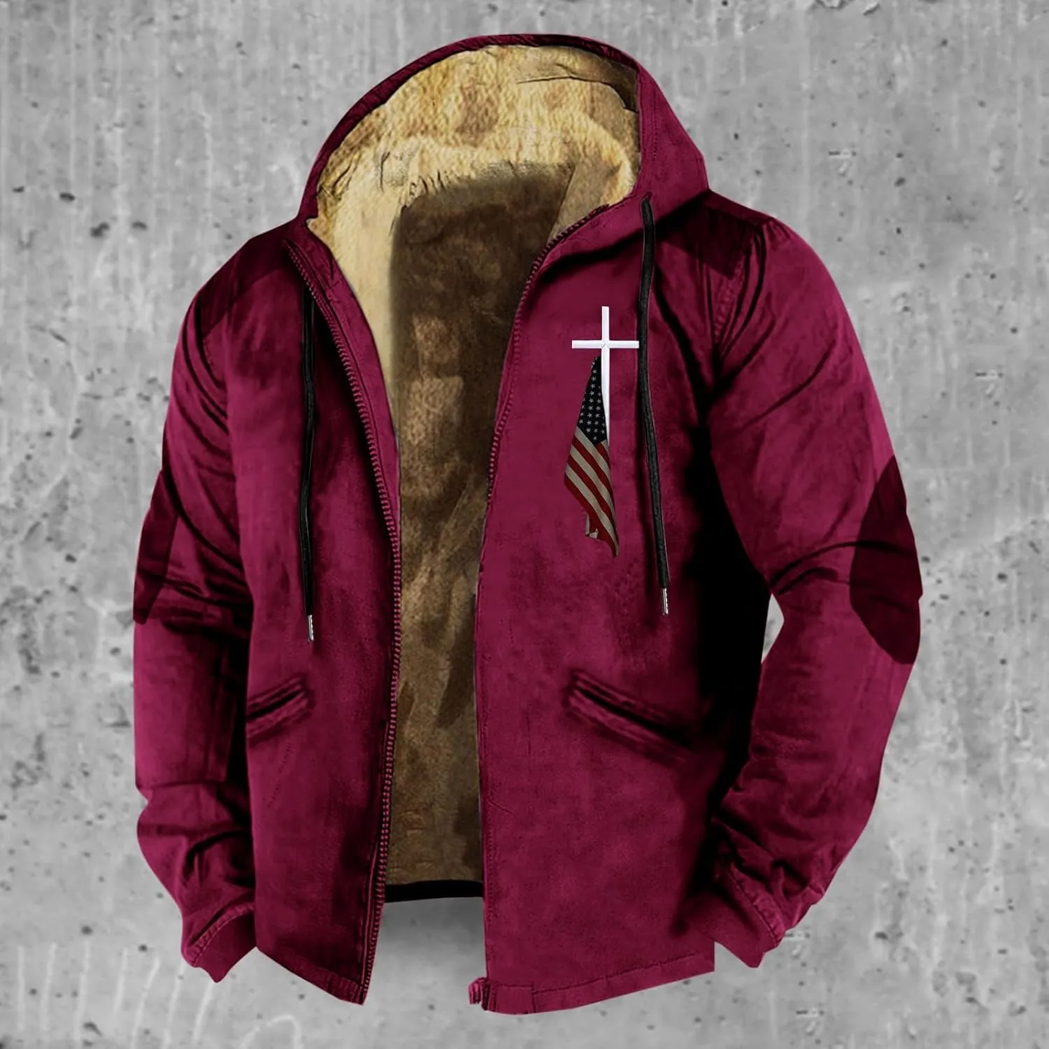 Winter Jacket Men 3D Printed Flag Hooded Brown Zipper Personalized Patch Casual Cotton Jacket Padded Thicken Parka