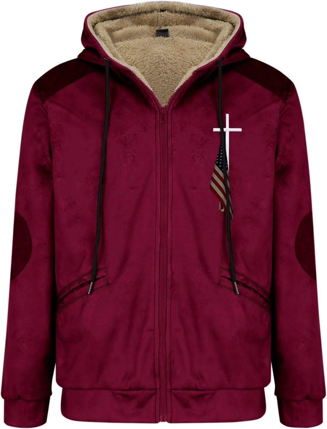 Winter Jacket Men 3D Printed Flag Hooded Brown Zipper Personalized Patch Casual Cotton Jacket Padded Thicken Parka