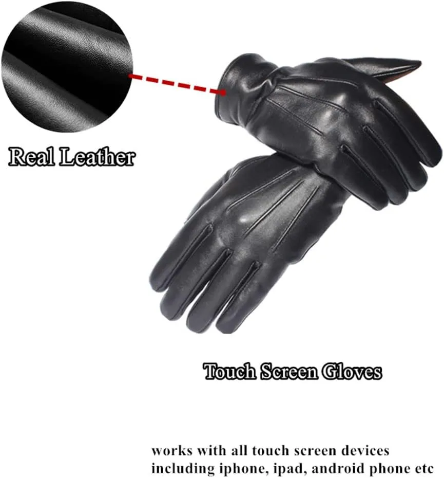 Winter Men Genuine Leather Gloves Touch Screen Black Real Sheepskin Wool Lining Warm Driving Gloves
