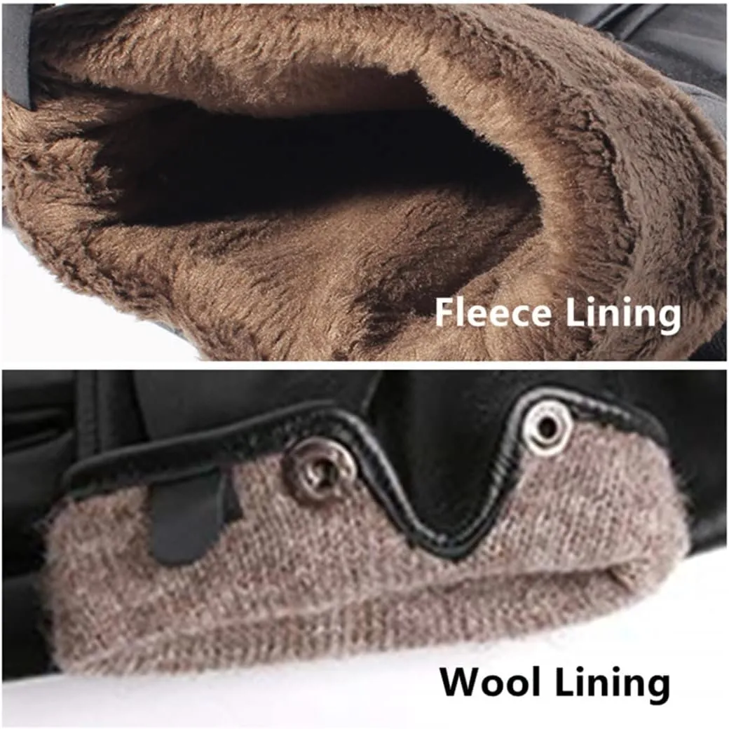 Winter Men Genuine Leather Gloves Touch Screen Black Real Sheepskin Wool Lining Warm Driving Gloves