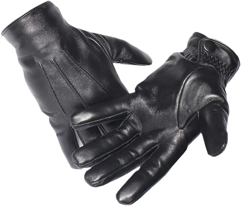 Winter Men Genuine Leather Gloves Touch Screen Black Real Sheepskin Wool Lining Warm Driving Gloves