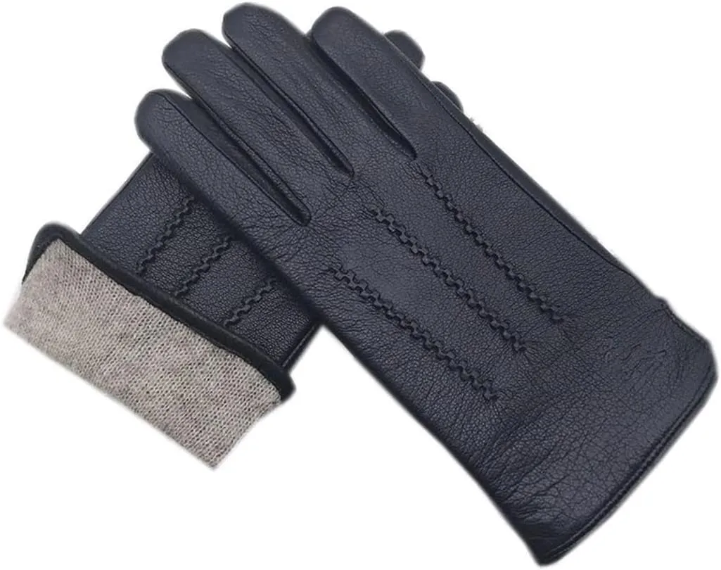 Winter Men's Genuine Leather Gloves Wrist Wool Lining Machine Sewing Warm Driving Riding Mittens