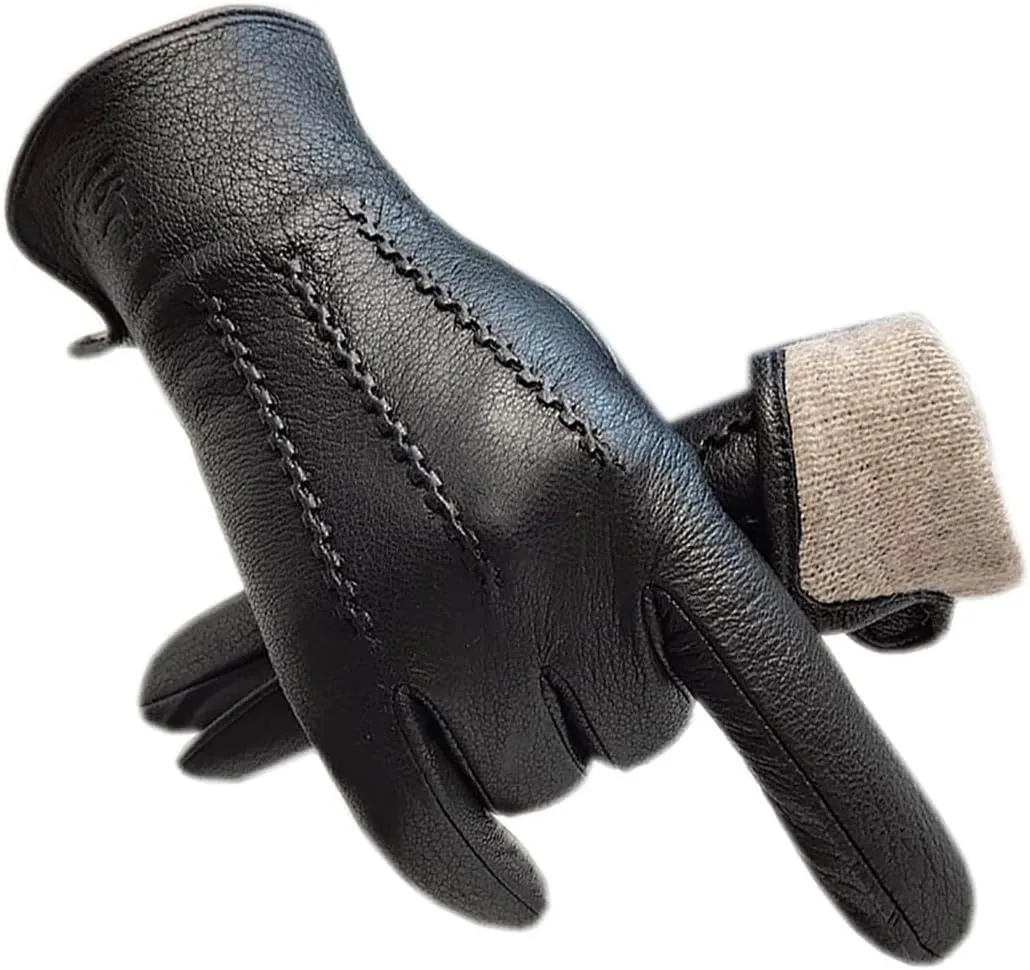 Winter Men's Genuine Leather Gloves Wrist Wool Lining Machine Sewing Warm Driving Riding Mittens