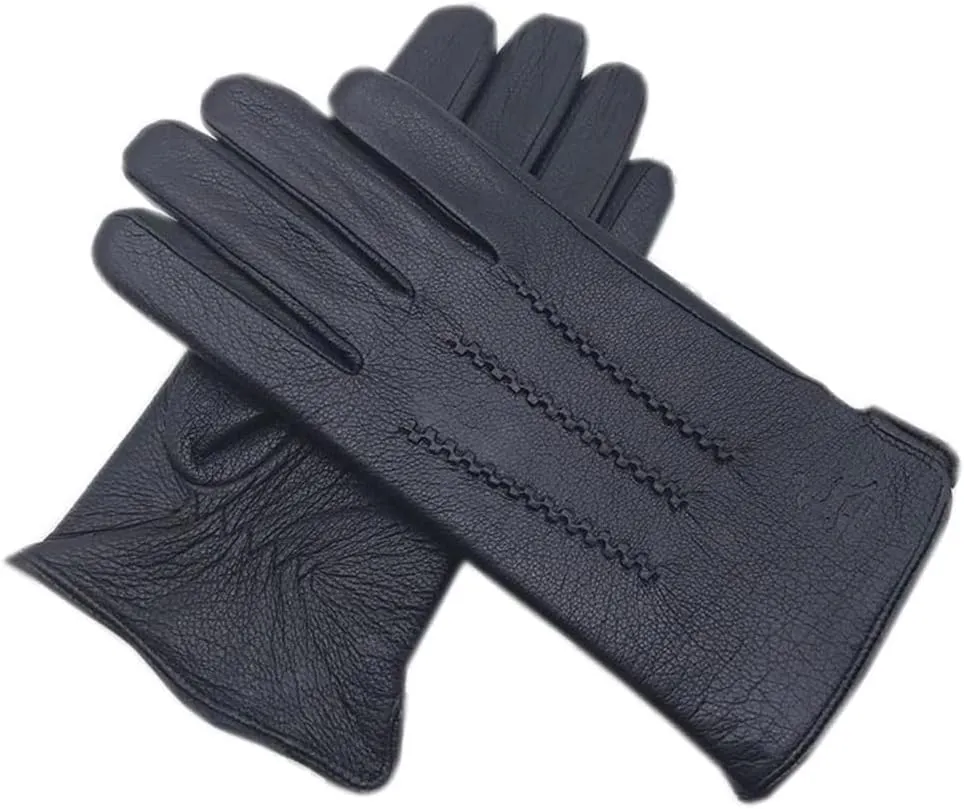 Winter Men's Genuine Leather Gloves Wrist Wool Lining Machine Sewing Warm Driving Riding Mittens