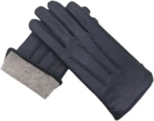 Winter Men's Genuine Leather Gloves Wrist Wool Lining Machine Sewing Warm Driving Riding Mittens