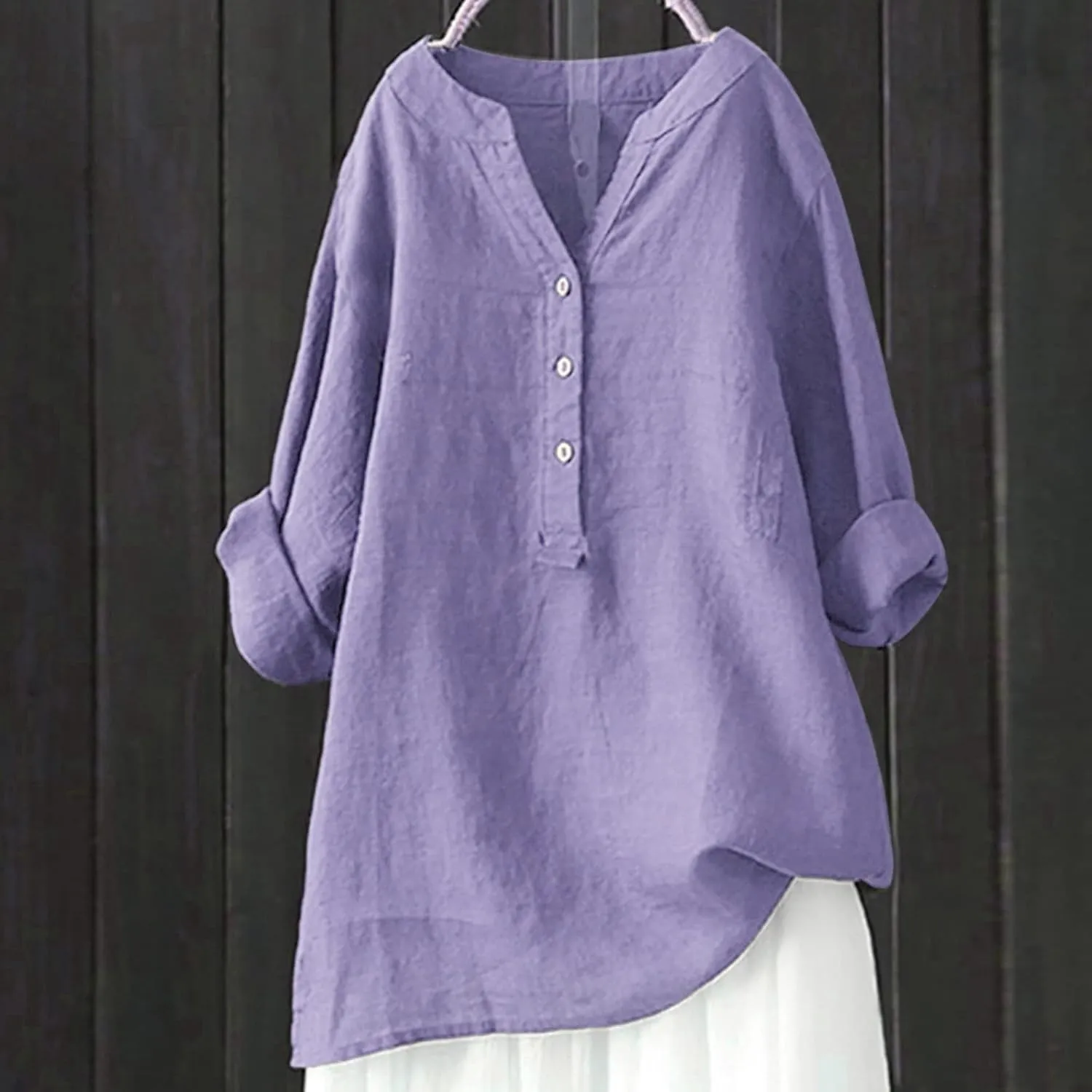 Women Button Down Shirt V-Neck Short Sleeve Linen Summer Casual Henley Blouse Top Loose Fit Tee Tops