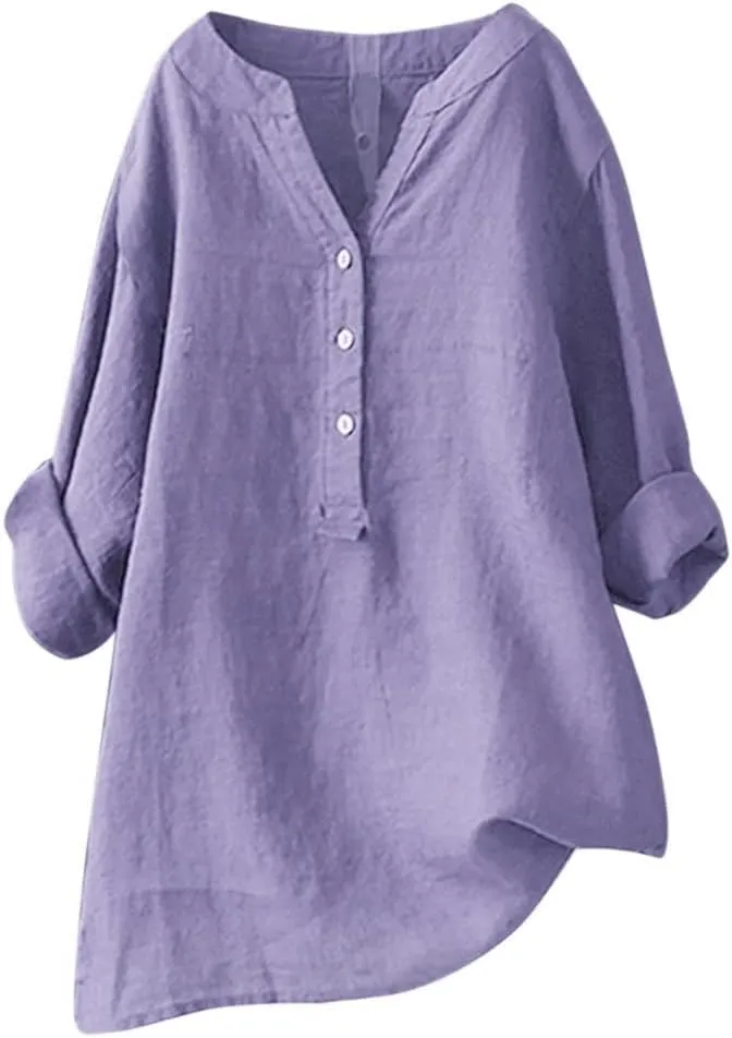 Women Button Down Shirt V-Neck Short Sleeve Linen Summer Casual Henley Blouse Top Loose Fit Tee Tops