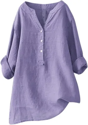 Women Button Down Shirt V-Neck Short Sleeve Linen Summer Casual Henley Blouse Top Loose Fit Tee Tops