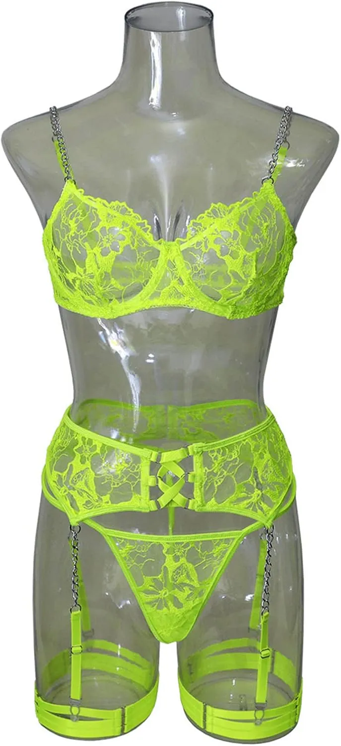 Women Lace Lingerie Set with Garter Belts Chain Straps Teddy Mini Bodysuit Mesh Bra and Cutout Panty Set 3 Piece