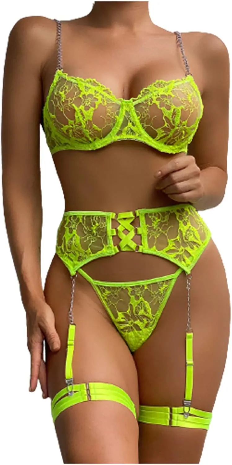 Women Lace Lingerie Set with Garter Belts Chain Straps Teddy Mini Bodysuit Mesh Bra and Cutout Panty Set 3 Piece