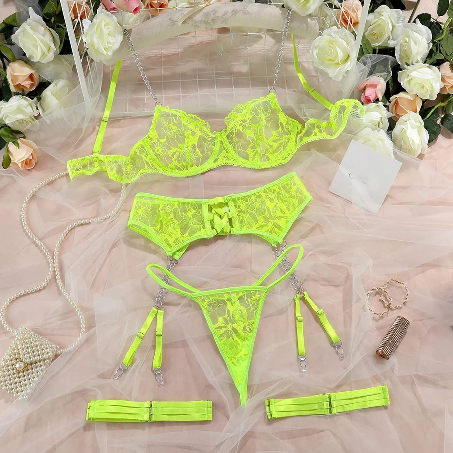 Women Lace Lingerie Set with Garter Belts Chain Straps Teddy Mini Bodysuit Mesh Bra and Cutout Panty Set 3 Piece
