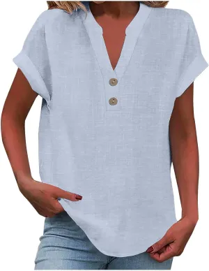 Women Linen Shirts V Neck Button Blouses Bohemian 2024 Summer Tops Short Sleeve Loose Fit T-Shirts