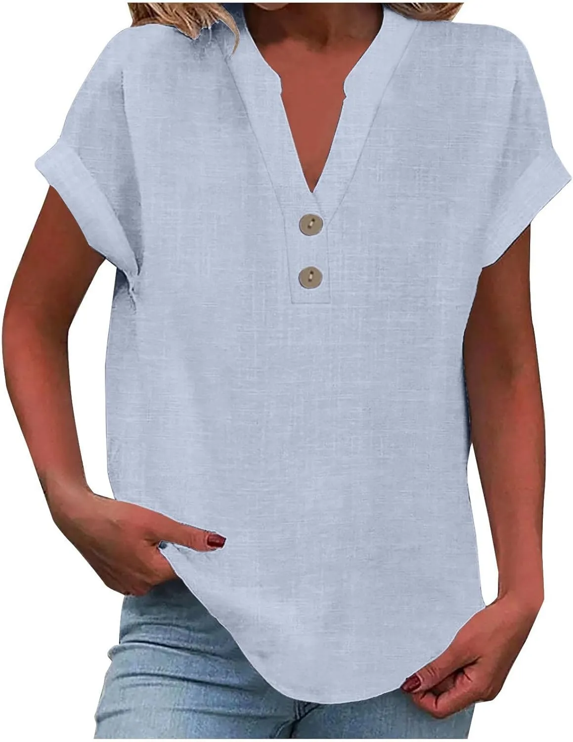 Women Linen Shirts V Neck Button Blouses Bohemian 2024 Summer Tops Short Sleeve Loose Fit T-Shirts