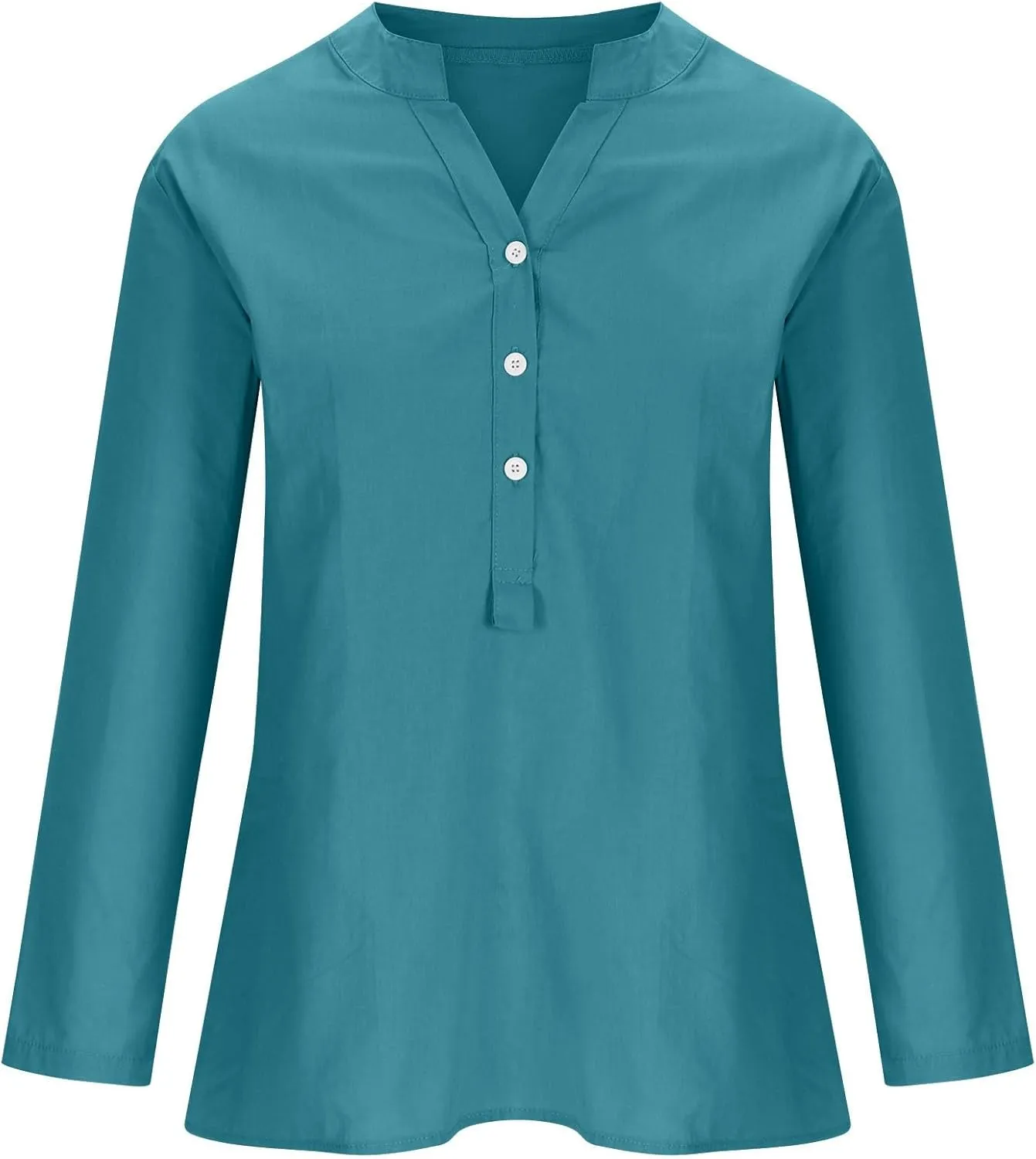 Women Linen Shirts V-Neck Buttons Blouse Plain Solid Comfy Tee Top Long Sleeve Loose T-Shirts