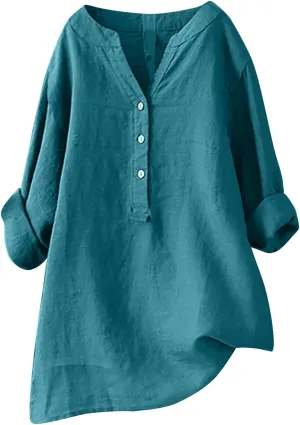 Women Linen Shirts V-Neck Buttons Blouse Plain Solid Comfy Tee Top Long Sleeve Loose T-Shirts