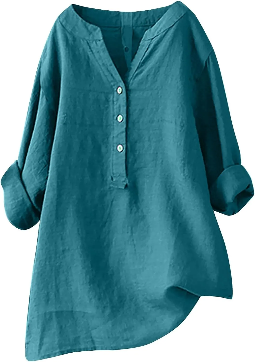 Women Linen Shirts V-Neck Buttons Blouse Plain Solid Comfy Tee Top Long Sleeve Loose T-Shirts