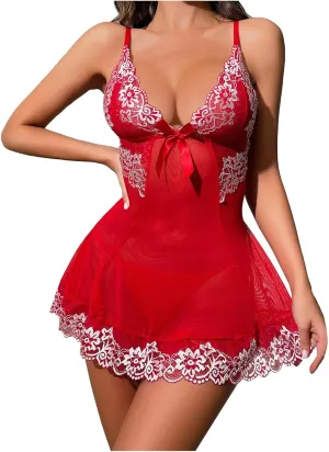 Women Sexy Lingerie Lace Patchwork Babydoll V Neck Strappy Nightdress Chemise Teddy Mesh See-Through Thong Nightgown