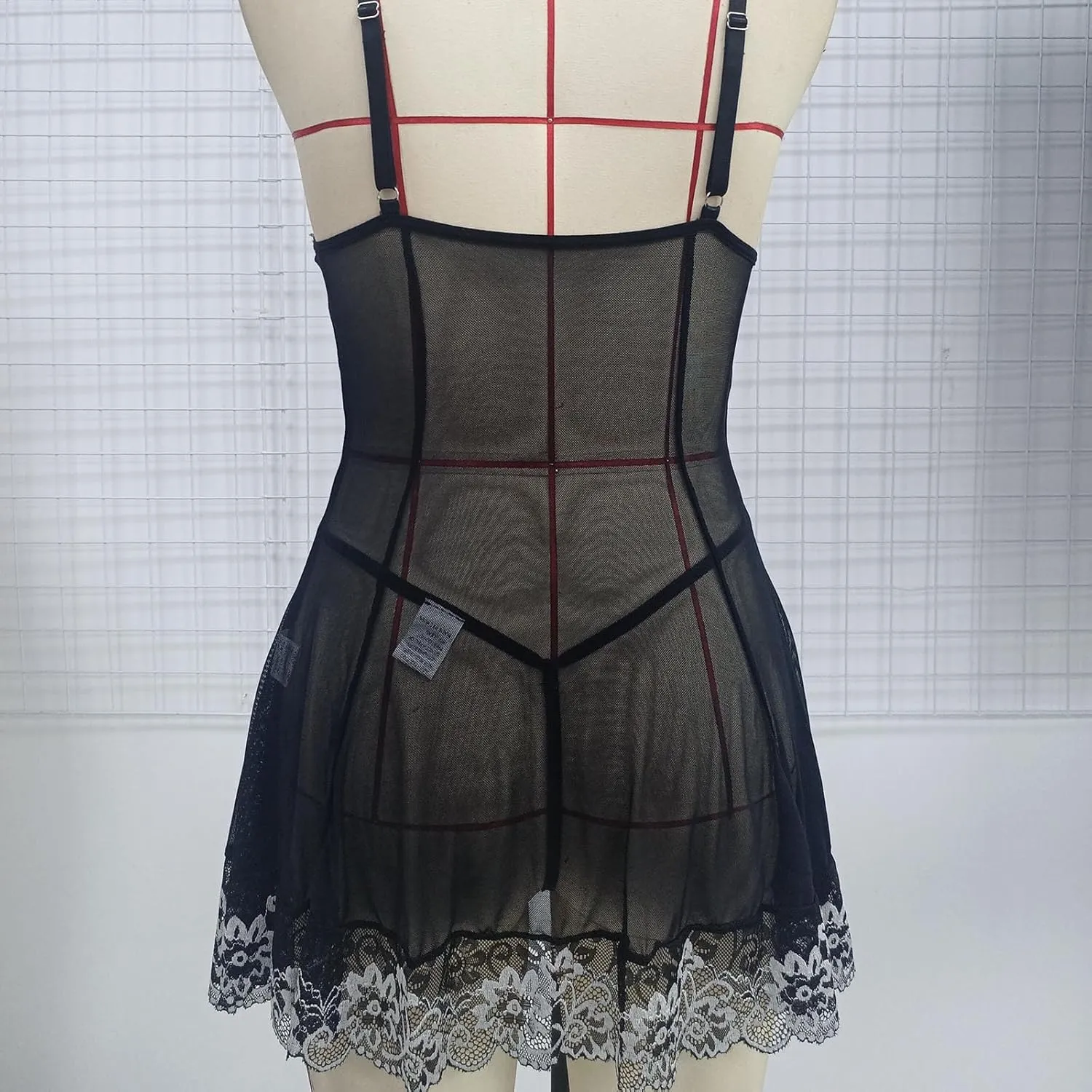 Women Sexy Lingerie Lace Patchwork Babydoll V Neck Strappy Nightdress Chemise Teddy Mesh See-Through Thong Nightgown