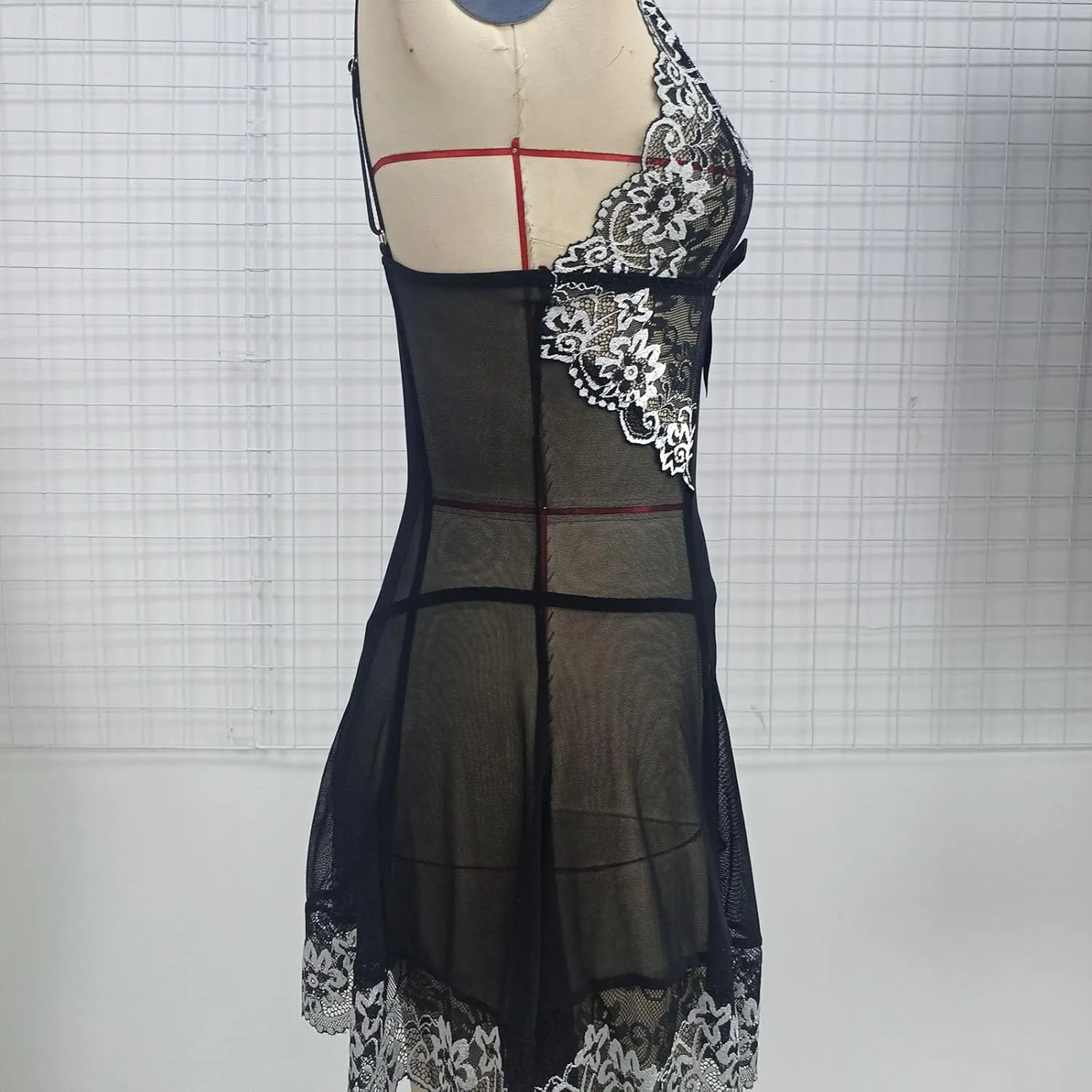 Women Sexy Lingerie Lace Patchwork Babydoll V Neck Strappy Nightdress Chemise Teddy Mesh See-Through Thong Nightgown