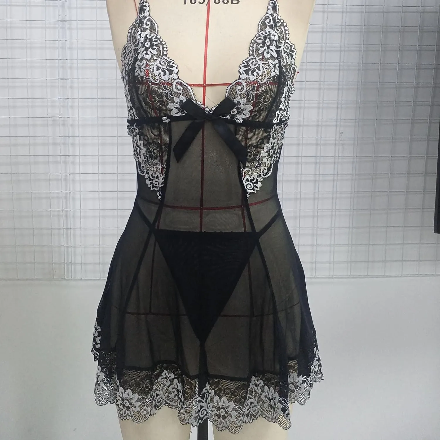 Women Sexy Lingerie Lace Patchwork Babydoll V Neck Strappy Nightdress Chemise Teddy Mesh See-Through Thong Nightgown