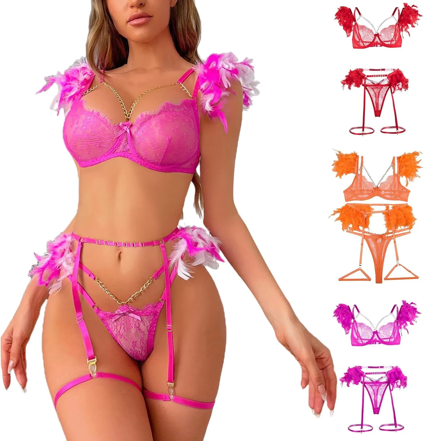 Women Sexy Lingerie Sexy Lace Pajamas Hot Feather Lace Splicing Metal Chain Sexy Slim Lingerie for Women