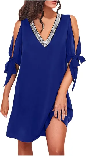Women V Neck Dress Paillette Short Sleeve Bow Off Shoulder Dress Midi Dress Sequin Dress Suit Jacket Dress