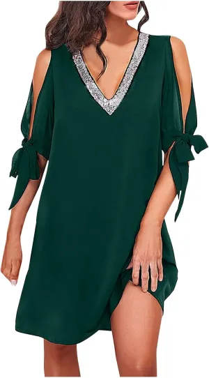 Women V Neck Dress Paillette Short Sleeve Bow Off Shoulder Dress Midi Dress Sequin Dress Suit Jacket Dress