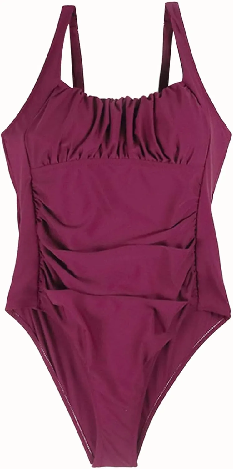 Women Vintage Ruched Push Up One Piece Swimsuit Tummy Control Bathing Suit Square Neck Swimwear High-Waisted Monokini